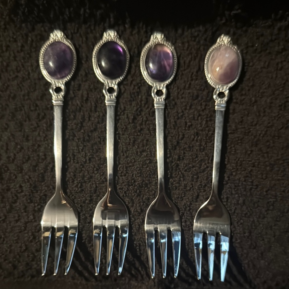Elegant Silver and Purple fluorite and amethyst stone Gem Fork Set
